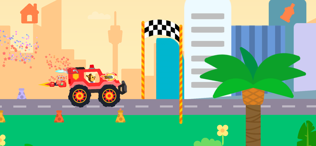 Ein roter Monstertruck mit Raketenantrieb überquert eine karierte Ziellinie in einer bunten Cartoon-Stadt.