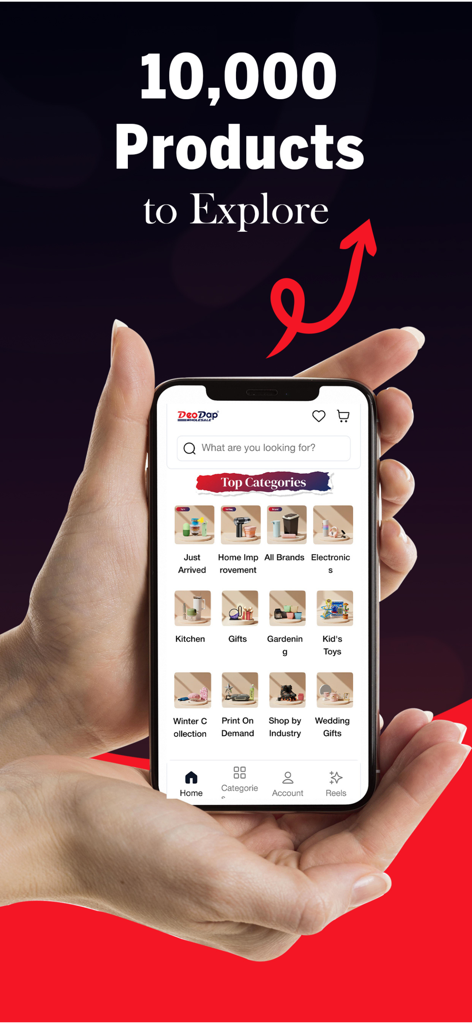 DeoDap mobile app interface showing various shopping categories and ten thousand products text