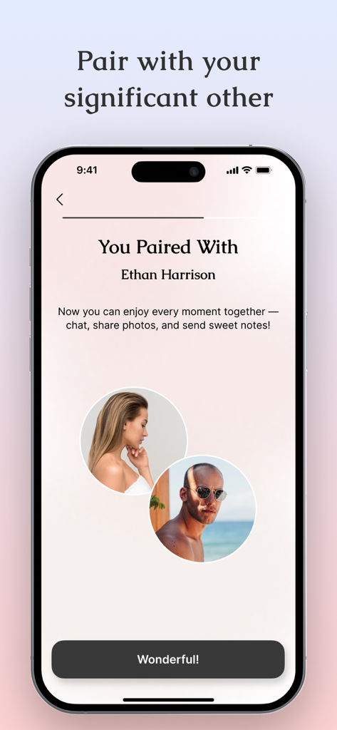 Just Between Us - Couples Chat - Schermata di conferma dell'accoppiamento nell'app Just Between Us che mostra due profili sincronizzati per una chat di coppia privata