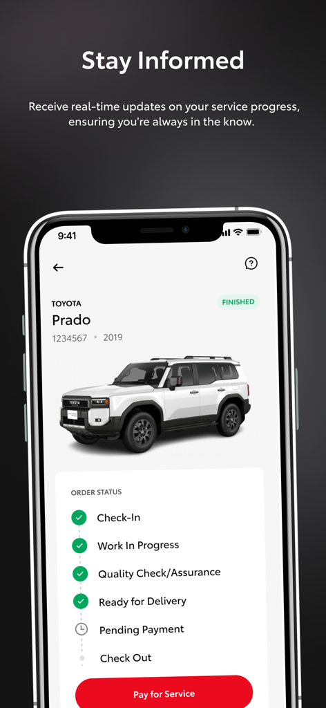 Screenshot of Toyota Qatar app showing real-time service progress for a Toyota Prado with an order status checklist.