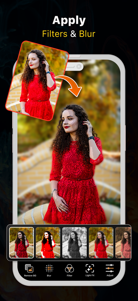Background Changer: Auto Erase - Interfaz de la aplicación Background Changer mostrando filtros de fotos y efectos de desenfoque de fondo