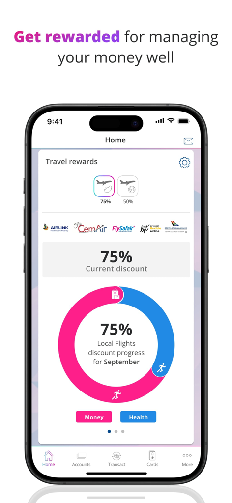 Discovery Bank mobile app screen showing a 75 percent flight discount reward progress tracker