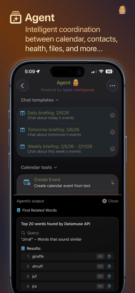 Russet: Private on-device AI - Russet app agent screen showing intelligent coordination between calendar contacts and health data