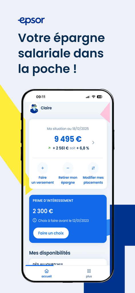 Epsor - Epsor app dashboard on a smartphone showing employee savings balance and profit sharing information