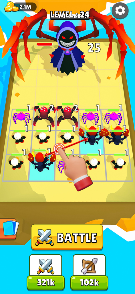 Monster Merge Dinosaur Games - Gameplay screenshot of Monster Merge Dinosaur Games showing a player merging monsters on a grid to prepare for a battle against a boss