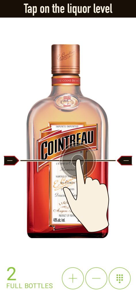 Interfaz de inventario de bar digital que muestra una mano tocando el nivel de líquido de una botella de Cointreau