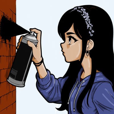 a realistic girl spray painting a wall