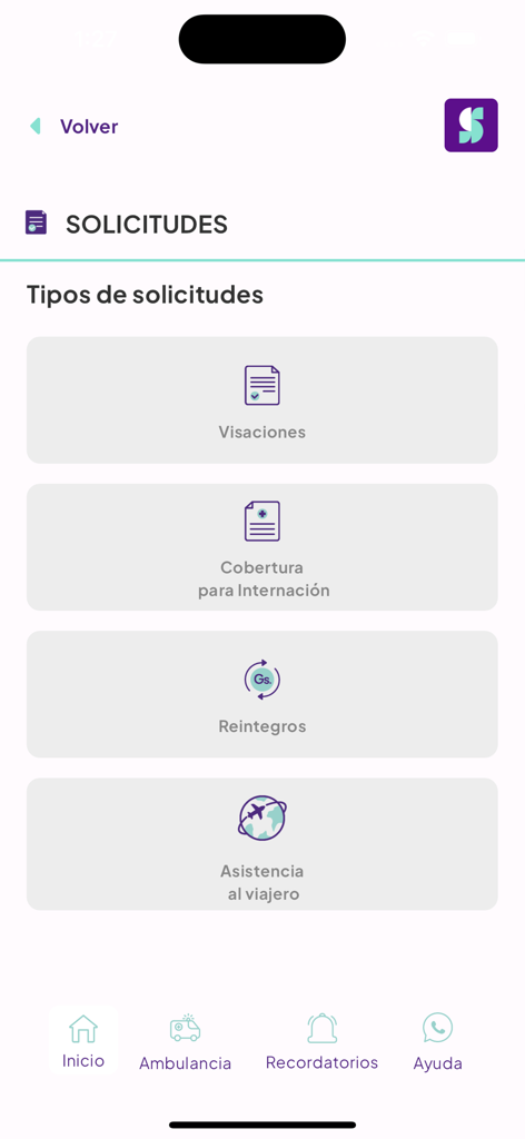 Santa Clara Medicina Prepaga - Una captura de pantalla de la aplicación Santa Clara Medicina Prepaga que muestra diferentes tipos de solicitudes médicas como cobertura de hospitalización y reembolsos.