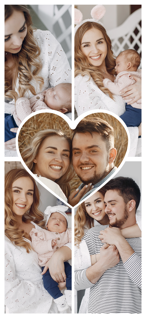 Layout - Photo Collage Maker - Un elegante fotomontaje familiar con forma de corazón en el centro y padres sonrientes con su bebé.