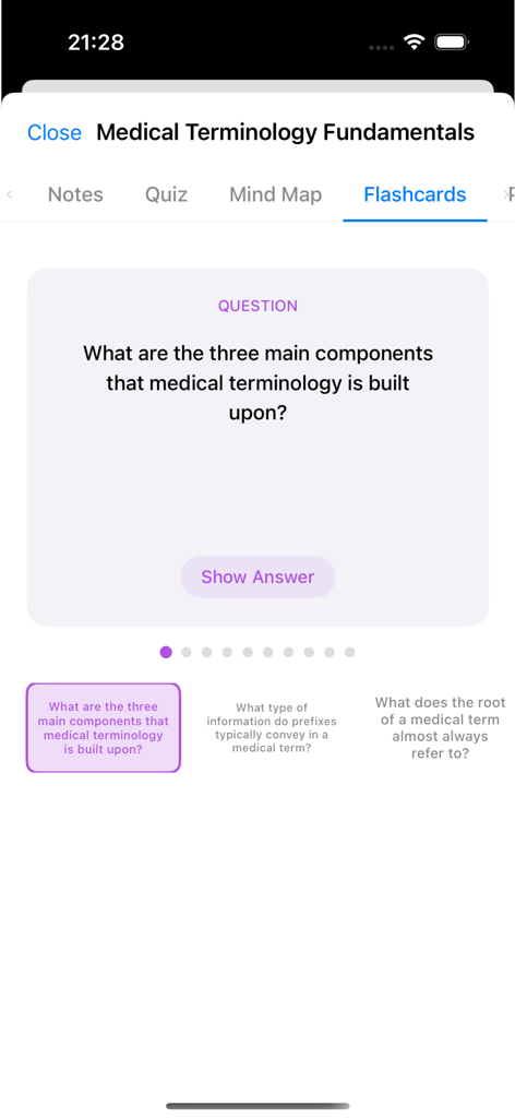 Brainote AI: note,mindmap,memo - Brainote AI interface showing digital flashcards for medical terminology study