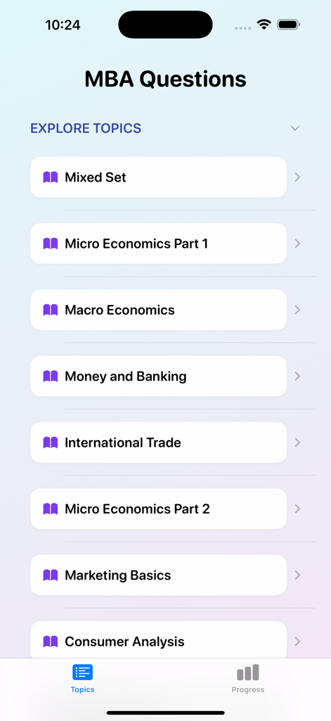 MBA Question Bank - Uno schermo dall'app MBA Question Bank che mostra un elenco di argomenti di studio tra cui Microeconomia, Macroeconomia e Basi di Marketing.