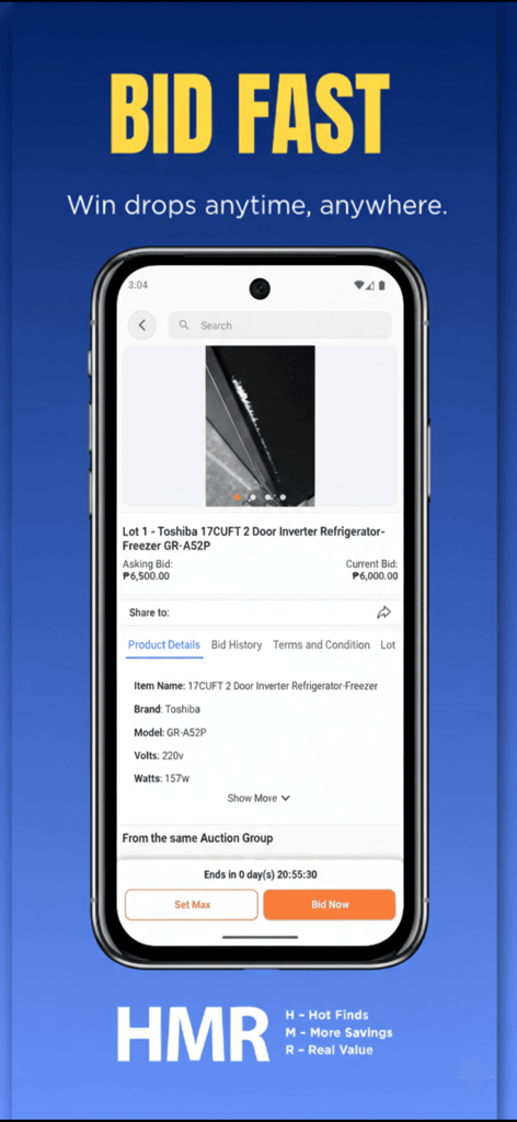 HMR.ph - HMR.ph mobile app bidding screen for a home appliance auction.