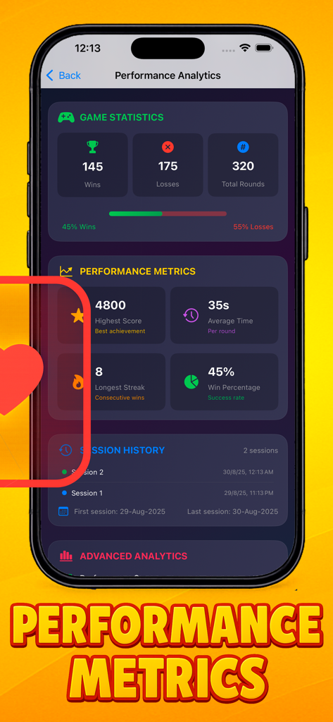 Tabletop Themes Managing - Mobile app screen showing game performance statistics including win loss records and session history