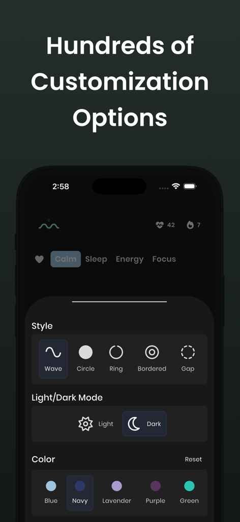 Breathwork by One Deep Breath - Interface of the Breathwork by One Deep Breath app showing customization options for exercise visual styles, light and dark modes, and color themes.