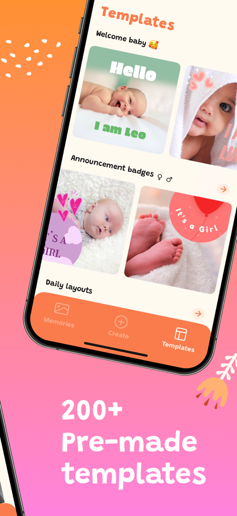 Babio: Baby Monthly Pictures - Smartphone screen showing Babio app with various baby announcement templates and milestone badges.