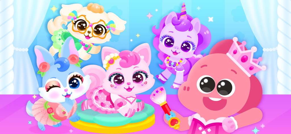 La princesa Coco con lindas mascotas disfrazadas, incluyendo un gatito y un unicornio.