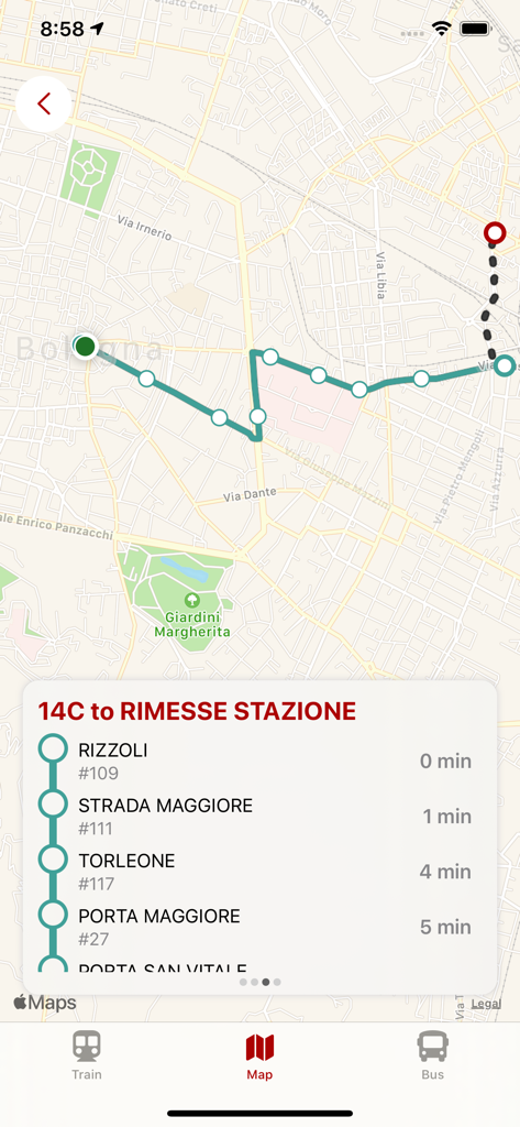 イタリア、ボローニャのリアルタイムのバスルートマップと停留所スケジュールを表示するWeBusアプリのスクリーンショット