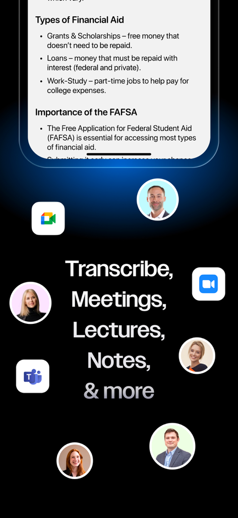Interfaz de la aplicación Noteleap AI que muestra notas de conferencias transcritas e integración con plataformas de reuniones como Zoom y Teams