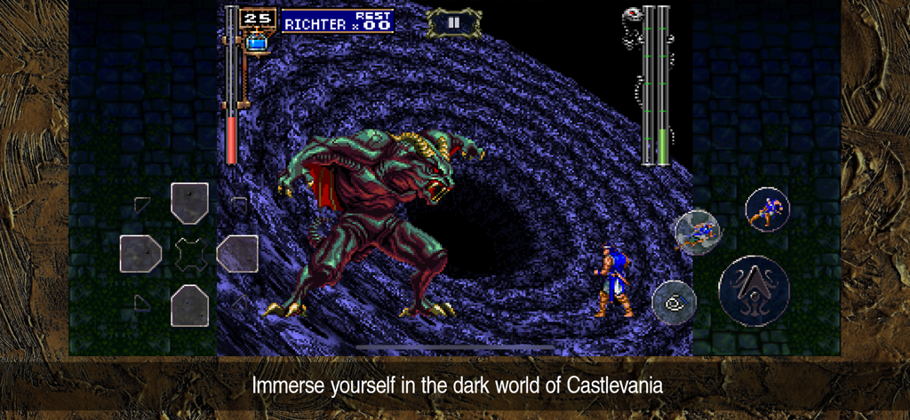 Castlevania: SotN - Richter Belmont fighting a giant green demon boss in the mobile version of Castlevania Symphony of the Night.