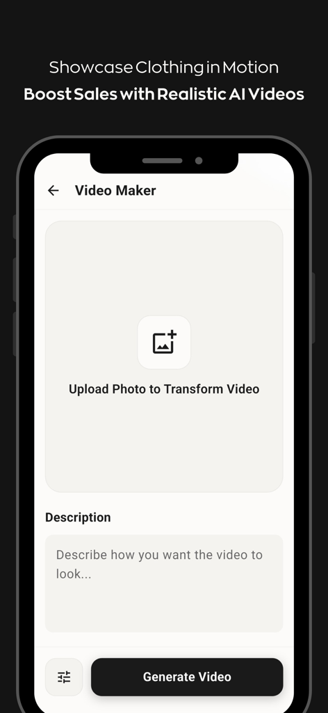 AI Fashion Studio Maker:Fashio - Fashio mobile app interface for creating AI-powered fashion videos from static clothing photos.