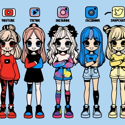 girls lined up as youtube,tik tok, twitter, instagram, facebook, snapchat.