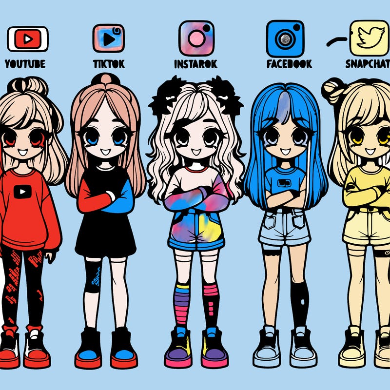 girls lined up as youtube,tik tok, twitter, instagram, facebook, snapchat.