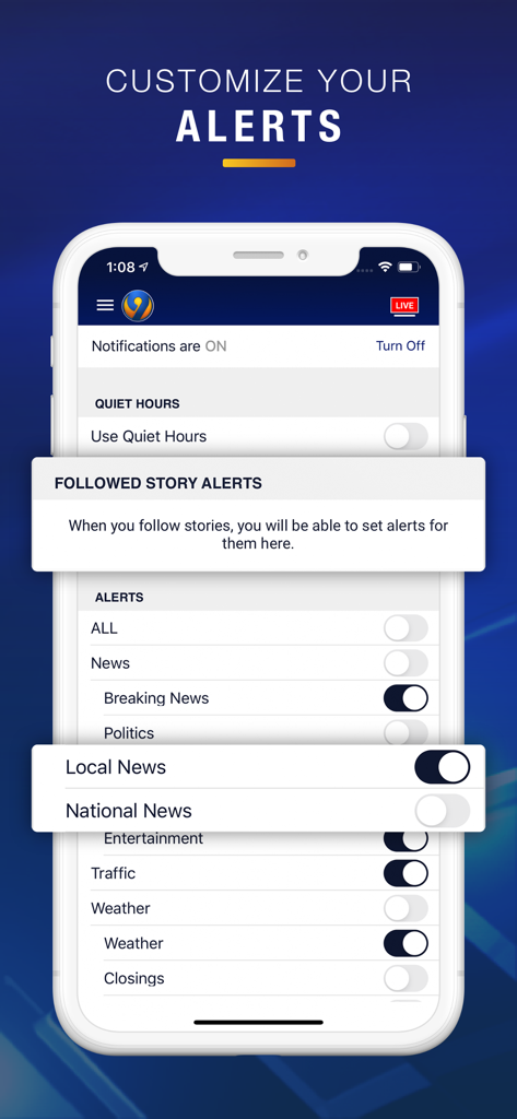 WSOC-TV News - A smartphone screen showing the customize your alerts settings menu in the WSOC-TV news app with toggles for breaking news, traffic, and weather.