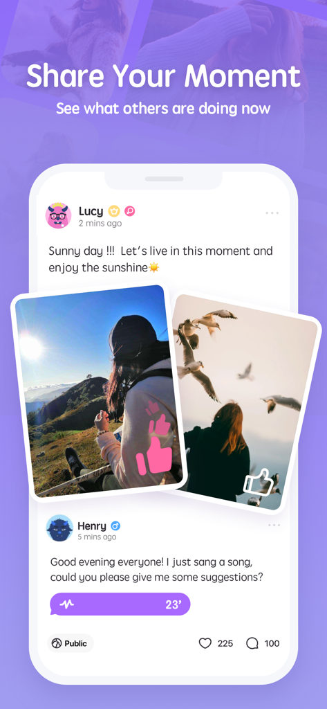 A mobile interface of the Litmatch app showing the social feed where users post photos and voice notes to share their moments.