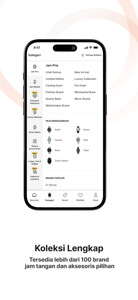 Jamtangan.comアプリのカテゴリページ。様々な時計のスタイルやブランドが表示されています。