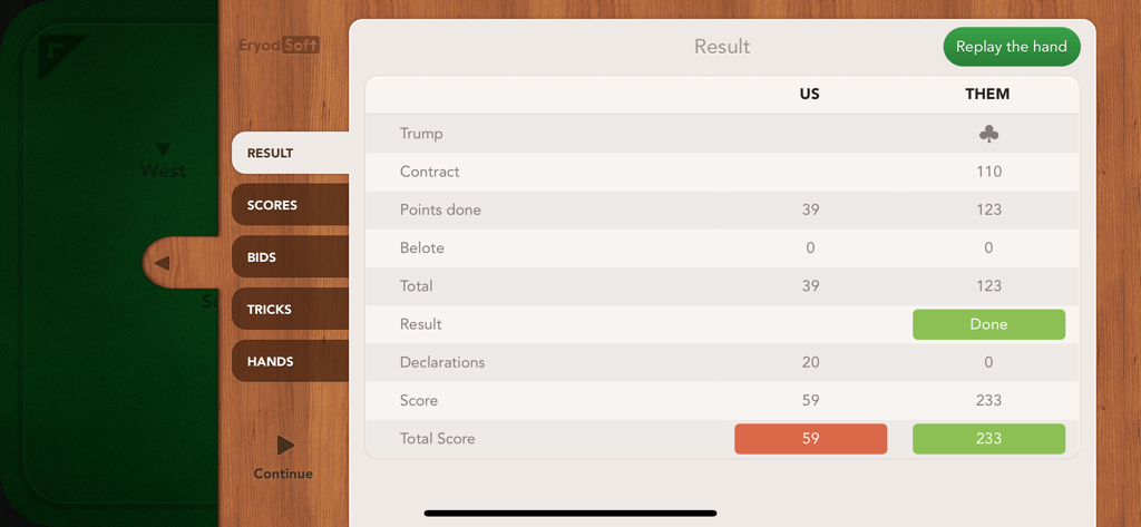 Coinche / Belote Contrée + - Game results screen showing scores and contract details for a Coinche Belote match.