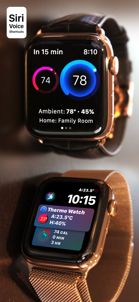 Interface do aplicativo Thermo Watch no Apple Watch mostrando controles de termostato inteligente para Nest e Ecobee