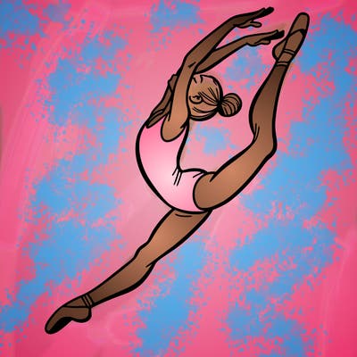 gymnast doing a leap in a leotard with a bent back leg