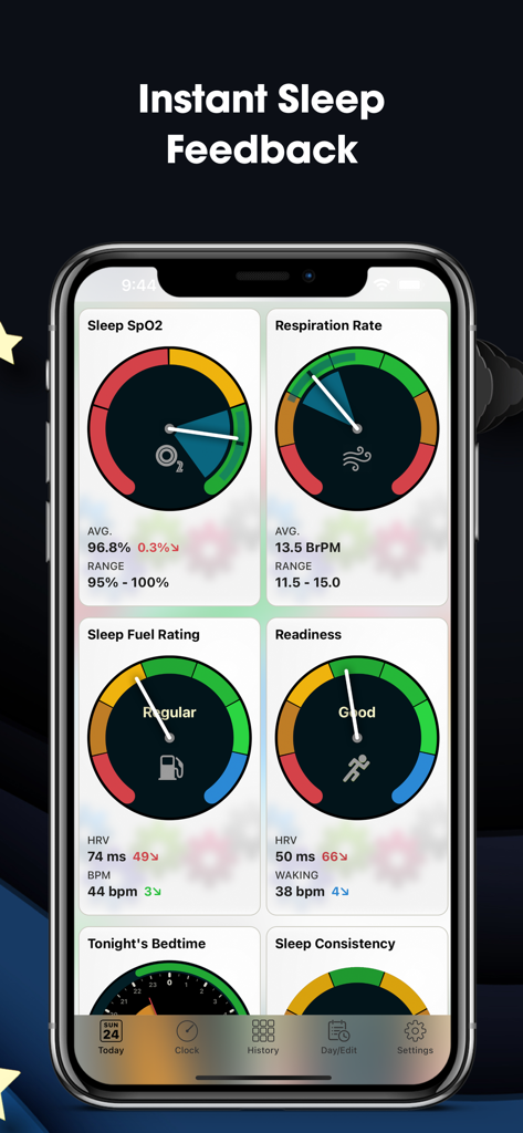 AutoSleep: Watch Sleep Tracker - Tableau de bord AutoSleep affichant les mesures du sommeil, y compris l'oxygène sanguin et la fréquence respiratoire