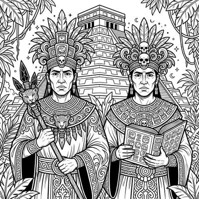 Delve into the ancient world with this captivating coloring page featuring two solemn Mayan priests amidst a dense jungle and pyramid. Its intricate Gothic details offer a unique and engaging coloring experience for enthusiasts.