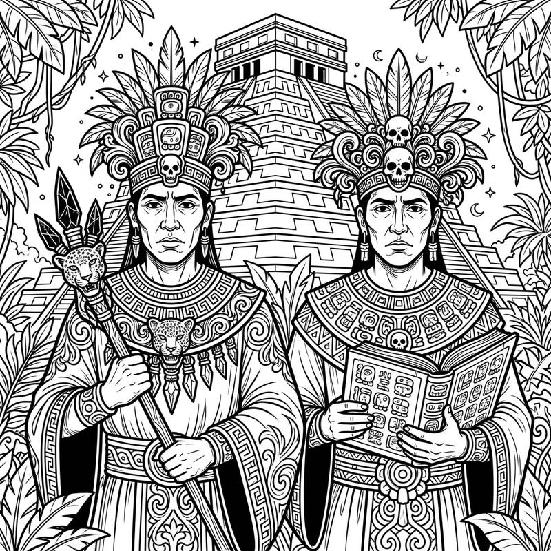Delve into the ancient world with this captivating coloring page featuring two solemn Mayan priests amidst a dense jungle and pyramid. Its intricate Gothic details offer a unique and engaging coloring experience for enthusiasts.