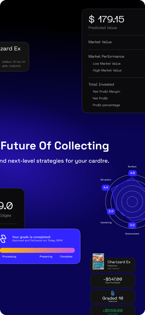 AI-powered grading report and market value analysis for a trading card.