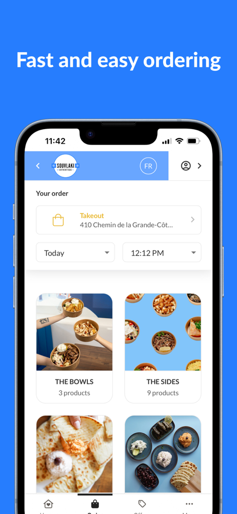 Souvlaki Authentique - Souvlaki Authentique app screen showing menu categories like bowls and sides with images of Greek food and options for fast takeout ordering.