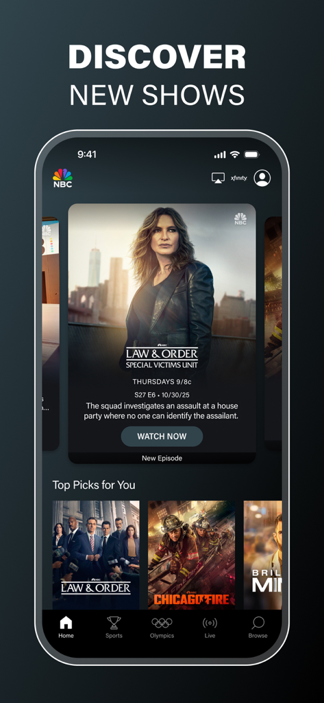 La interfaz de la App de NBC en la pantalla de un smartphone mostrando Law and Order SVU y Chicago Fire bajo el encabezado Descubre Nuevas Series.