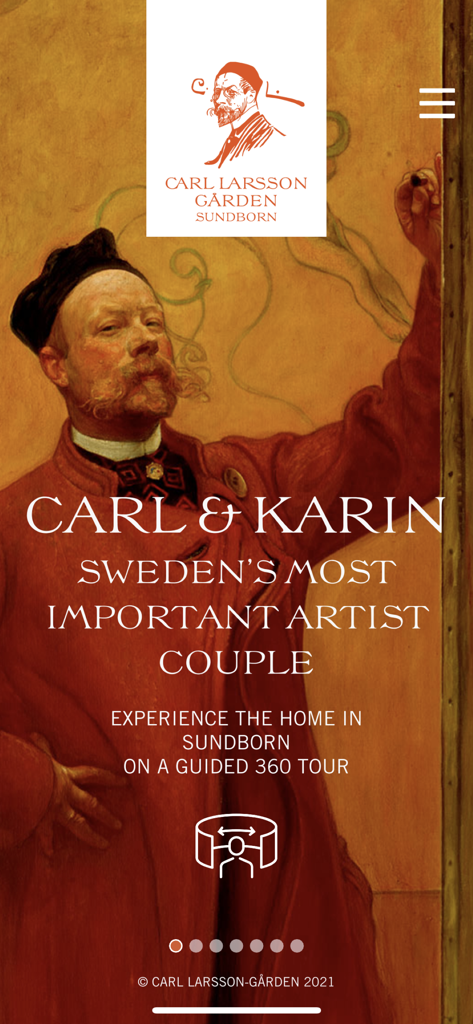 Carl Larsson - Écran d'introduction de l'application Carl Larsson présentant une peinture de l'artiste et une invitation à une visite guidée à 360° de sa demeure suédoise.