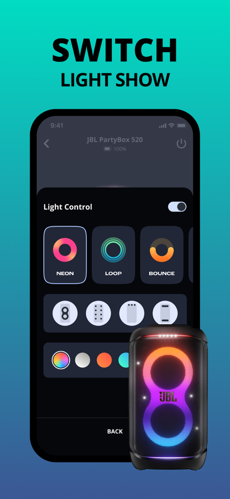 JBL PartyBox app interface showing light show control settings to customize speaker lighting patterns