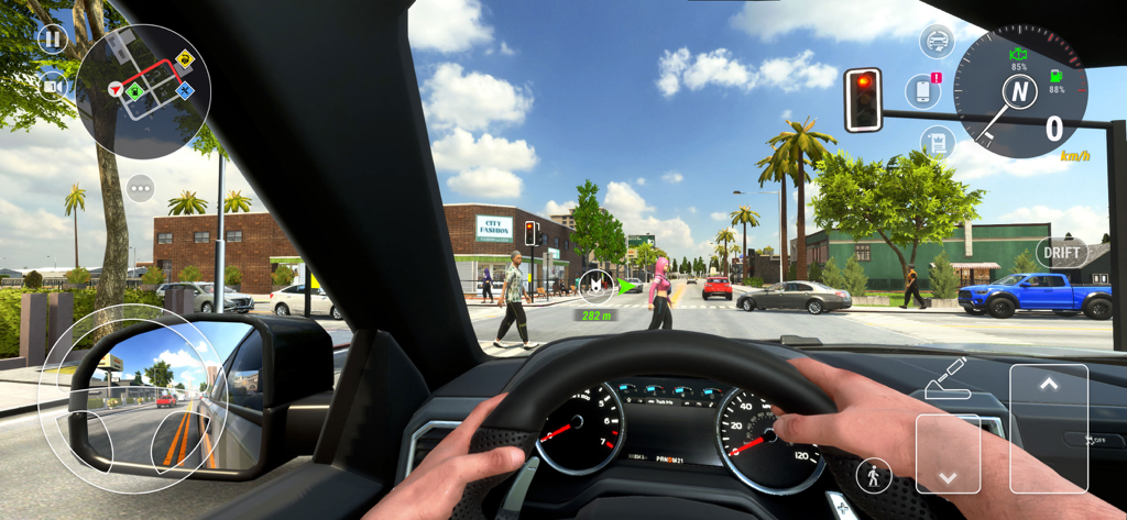 Interior view of a car in a driving school simulation game with hands on the steering wheel and city streets