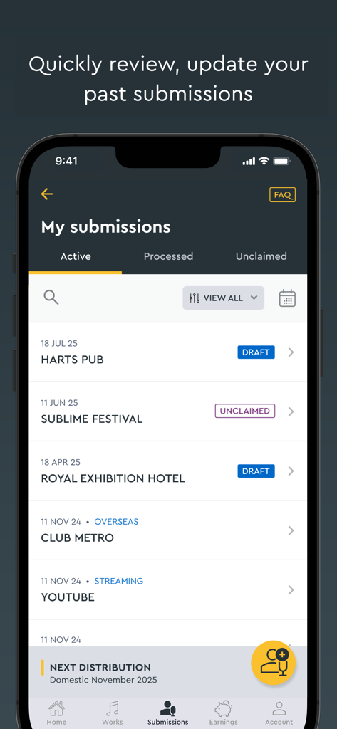 APRA AMCOS app interface displaying a list of active and processed performance report submissions for music creators