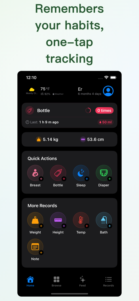 Tela inicial do Baby Memos com botões de ação rápida para rastrear alimentação e sono do bebê