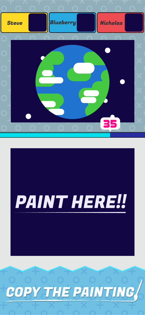 Captura de pantalla de la aplicación Perfect Paint que muestra un desafío multijugador para copiar un dibujo de la Tierra dentro de un límite de tiempo.