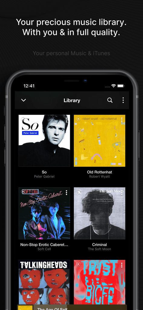 VOX app music library interface showing album covers on an iPhone