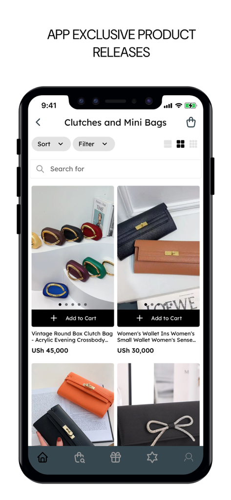Moda UG: Fashion & Shopping - App Moda UG che mostra una selezione di pochette e portafogli da donna