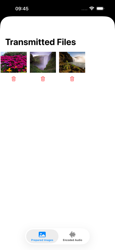 The transmitted files screen of the SSTV app displaying thumbnails of shared images