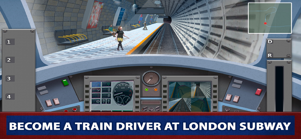 London Subway Simulator 2023 - First person view from a train driver cabin in the London subway approaching a station platform with passengers