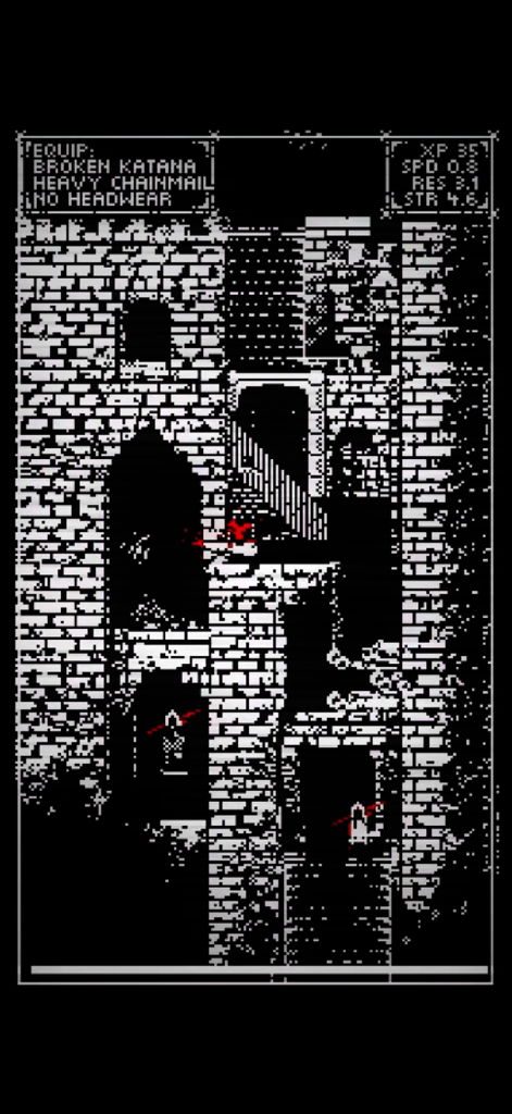 Trail of Gods - 1-bit black and white gameplay screenshot of Trail of Gods showing a stone tower and character equipment UI