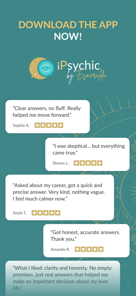 User testimonials and 5 star reviews for the iPsychic chat and tarot app